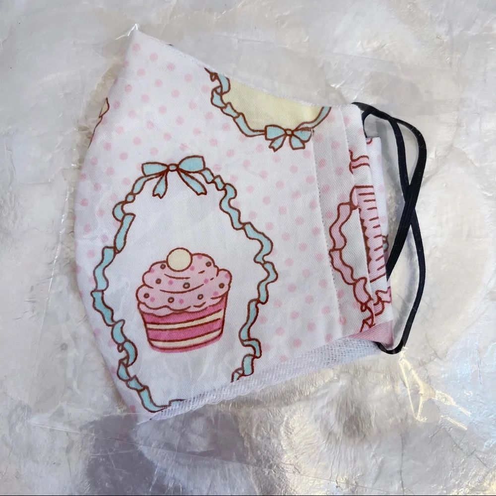 Kids White Pink Polkadot Cupcake Cotton Face Cover